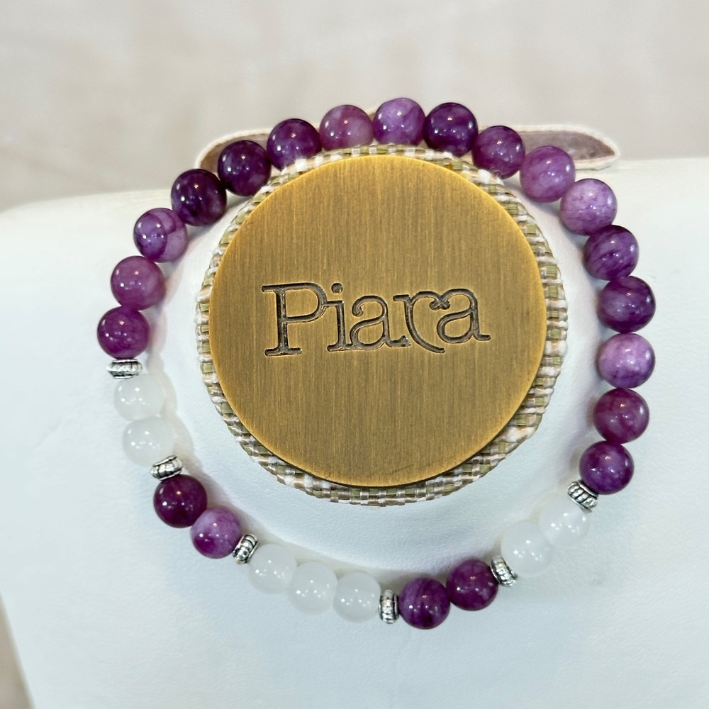 Lepidolite & Clear Quartz stone stretchy bracelet (purple & clear) round beads - Picture 5 of 11